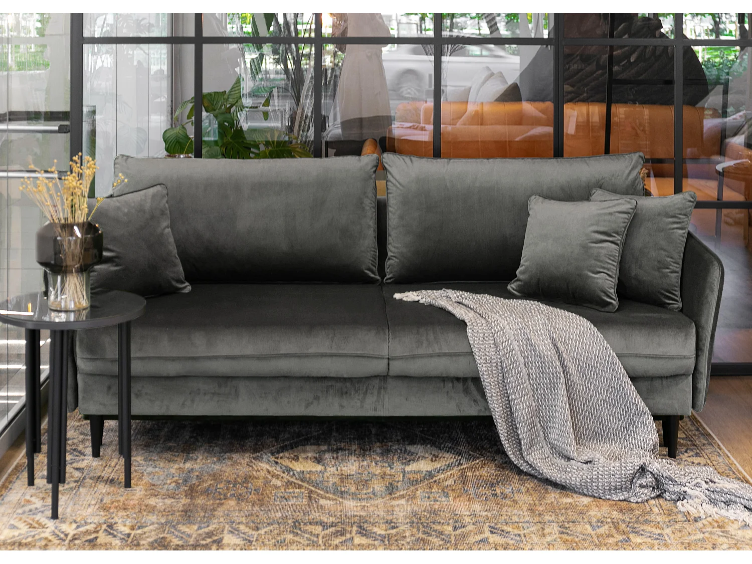 Canapé - 221 cm - trois places velours hydrophobe - gris - pieds noirs - VOLIO