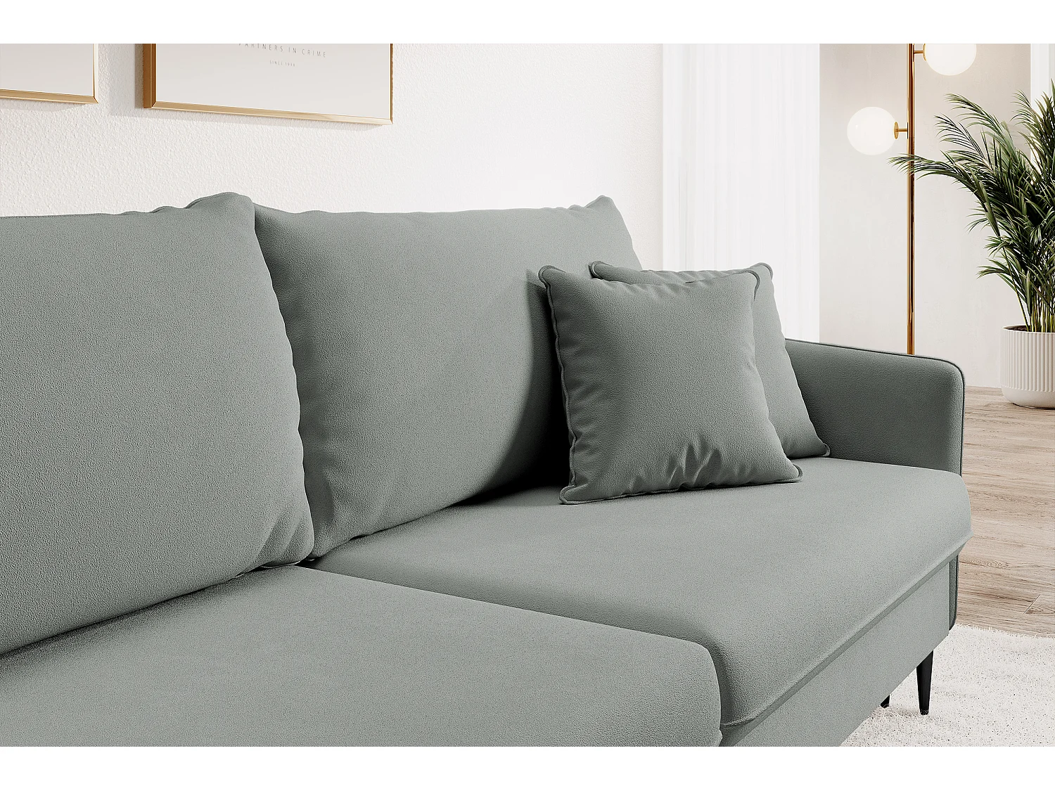 Canapé - 221 cm - trois places velours hydrophobe - gris - pieds noirs - VOLIO