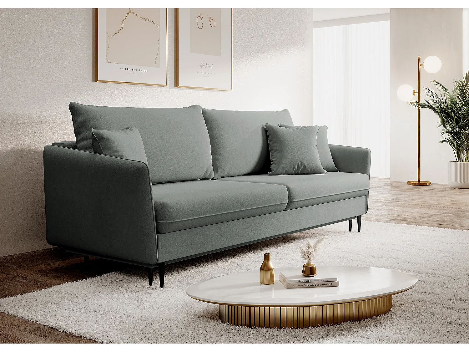 Canapé - 221 cm - trois places velours hydrophobe - gris - pieds noirs - VOLIO