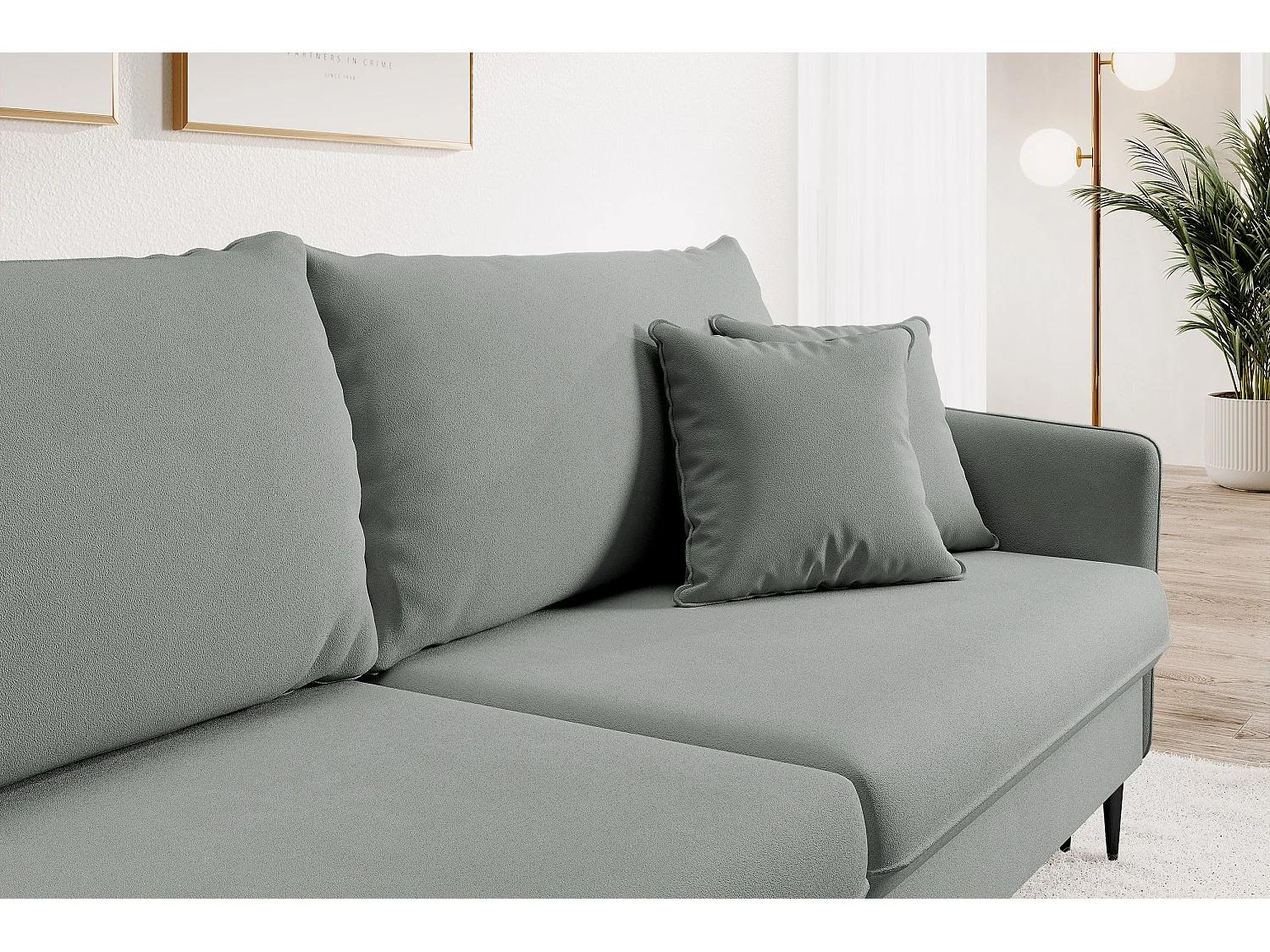Canapé - 221 cm - trois places velours hydrophobe - gris - pieds noirs - VOLIO