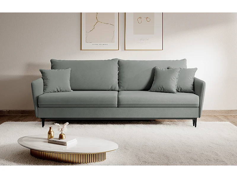 Canapé - 221 cm - trois places velours hydrophobe - gris - pieds noirs - VOLIO