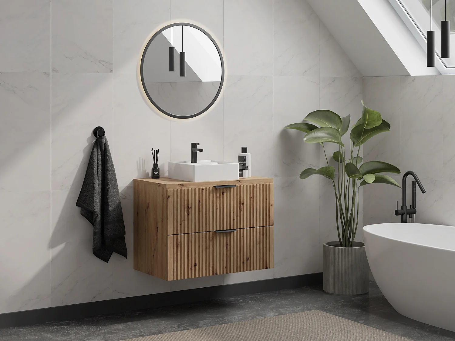 Meuble sous vasque suspendu strié avec planche - Naturel clair - L80 cm - ZEVARA