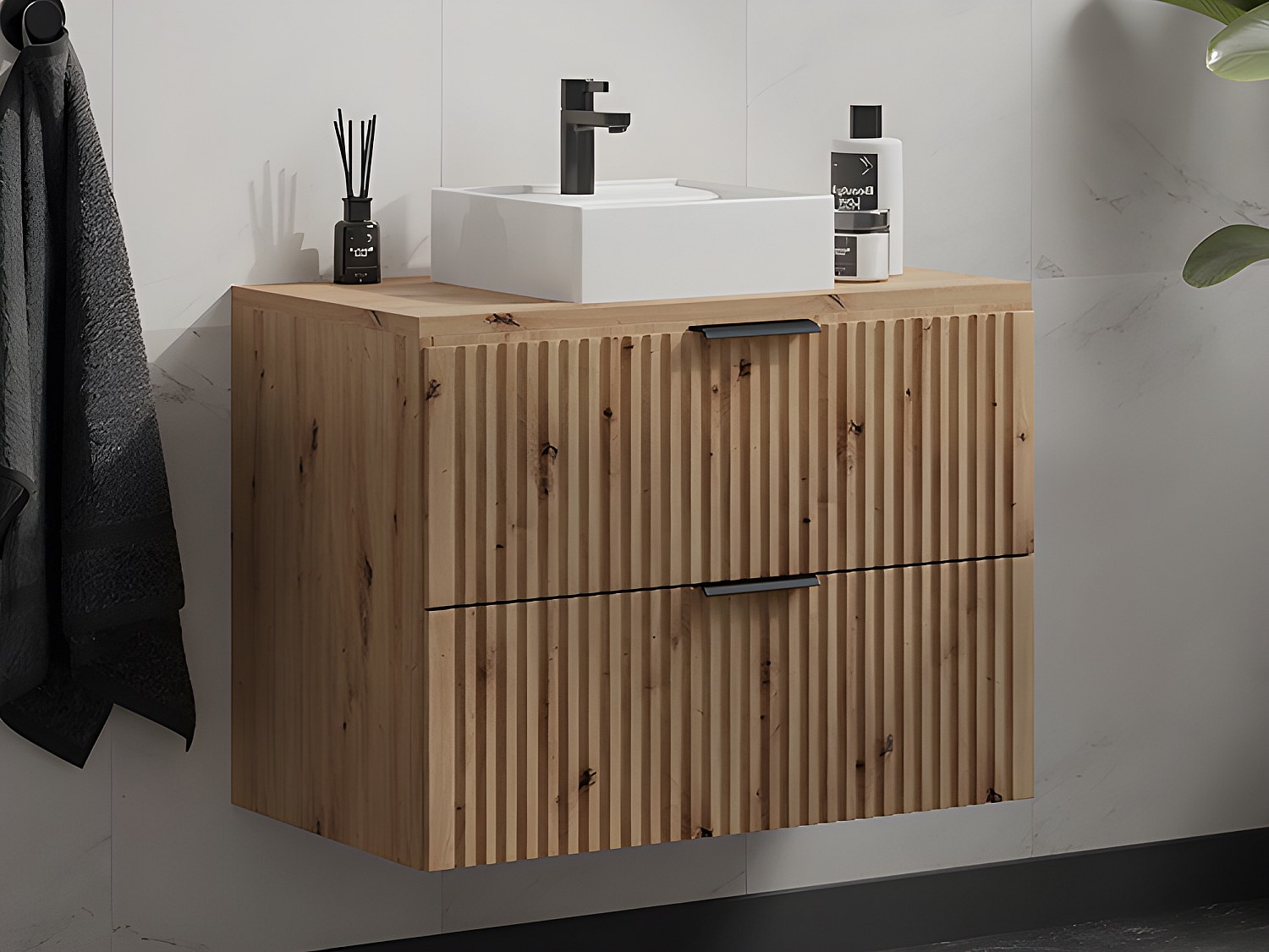 Hengende stripet baderoms møbel med kvadratisk servant - Lys naturlig - 80 cm - ZEVARA