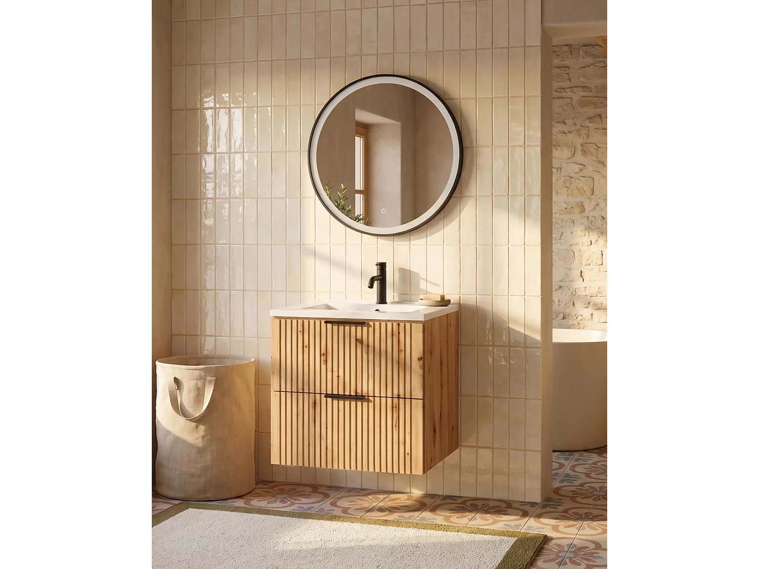Meuble de salle de bain suspendu strié avec vasque à encastrer - Naturel clair - 60 cm - ZEVARA