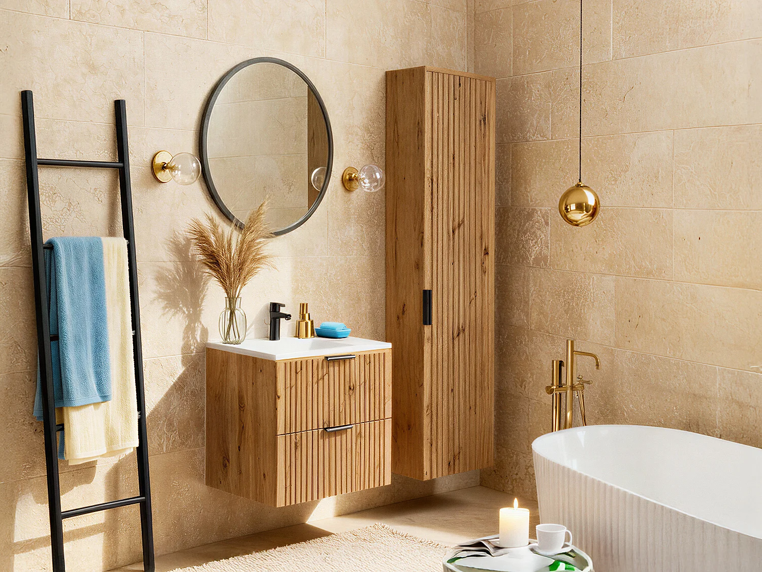 Meuble de salle de bain strié avec vasque à encastrer et colonne - Coloris naturel clair - 60 cm - ZEVARA