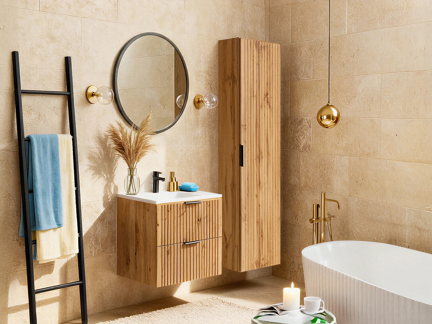 Geribbeld hangmeubel met inbouwwastafel en kolomkast - Lichte houtkleur - 60 cm - ZEVARA