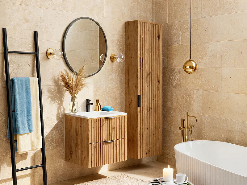 Mueble suspendido bajo lavabo y armario - Color natural claro - 60 cm - ZEVARA