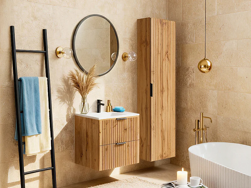 Meuble de salle de bain strié avec vasque à encastrer et colonne - Coloris naturel clair - 60 cm - ZEVARA