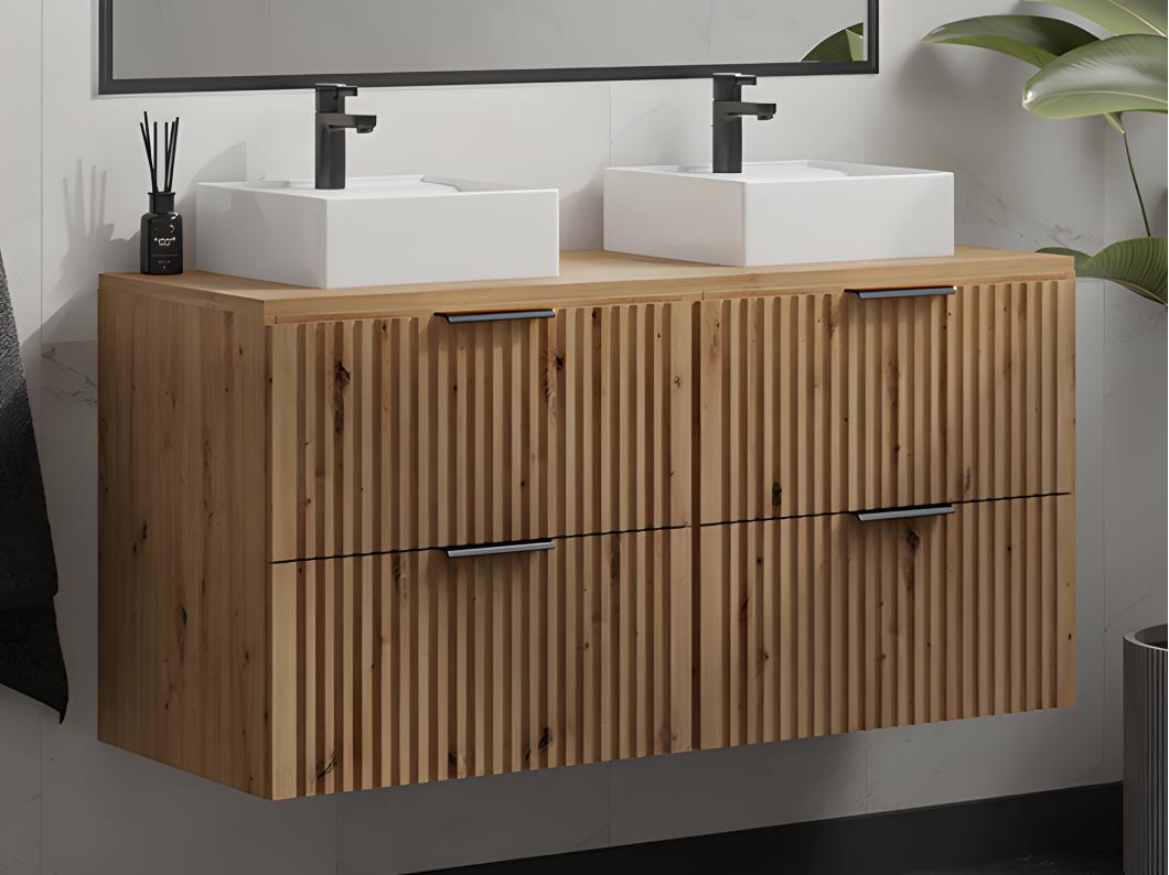 Meuble de salle de bain suspendu strié avec double vasque à poser carrée - Naturel clair - L120 cm - ZEVARA