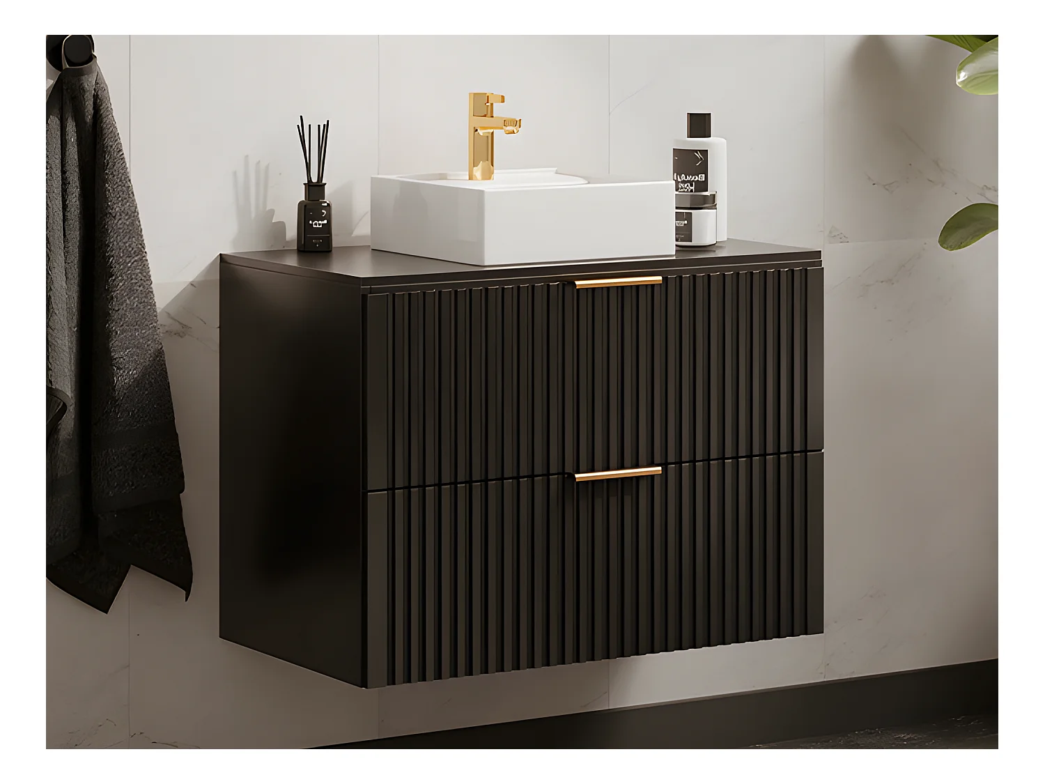 Meuble de salle de bain suspendu strié avec vasque à poser carrée - Noir - 80 cm - ZEVARA