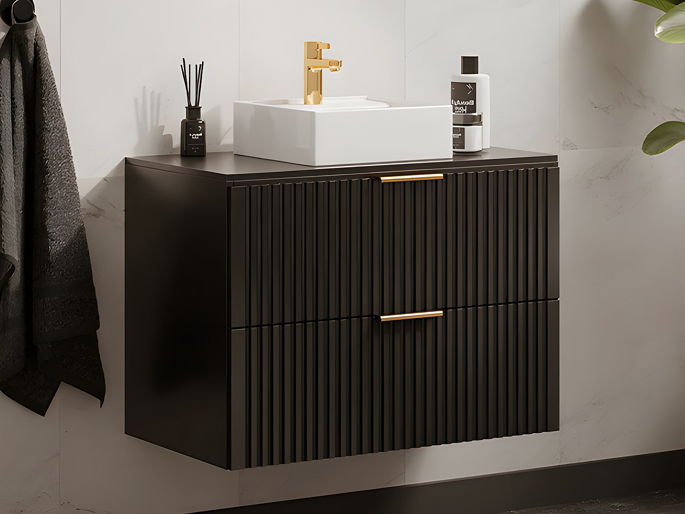 Set Di Mobili Da Bagno Rhovan Con Base, Lavabo E Specchio LED Laterale Grigio E Frontale Bianco Opaco Cm 80x47 53h 93203091