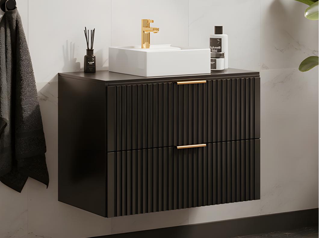 Geribbeld hangmeubel voor badkamer met opzetwastafel - Zwart - 80 cm - ZEVARA