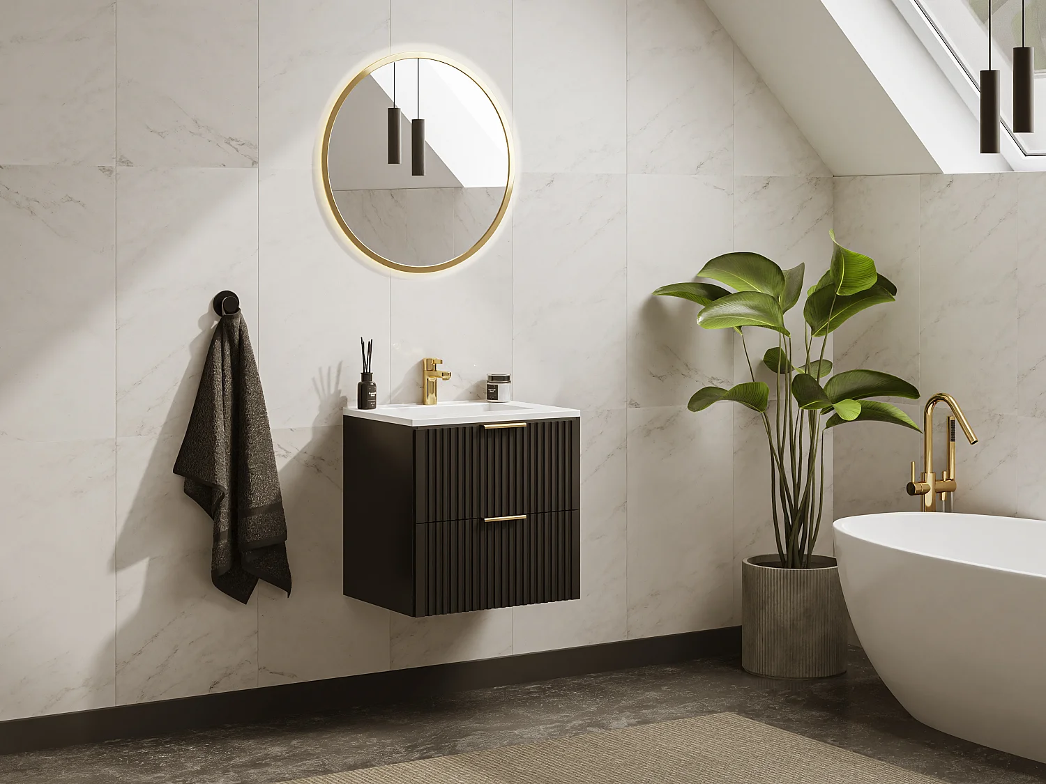 Meuble de salle de bain suspendu strié avec vasque à encastrer - Noir - 60 cm - ZEVARA