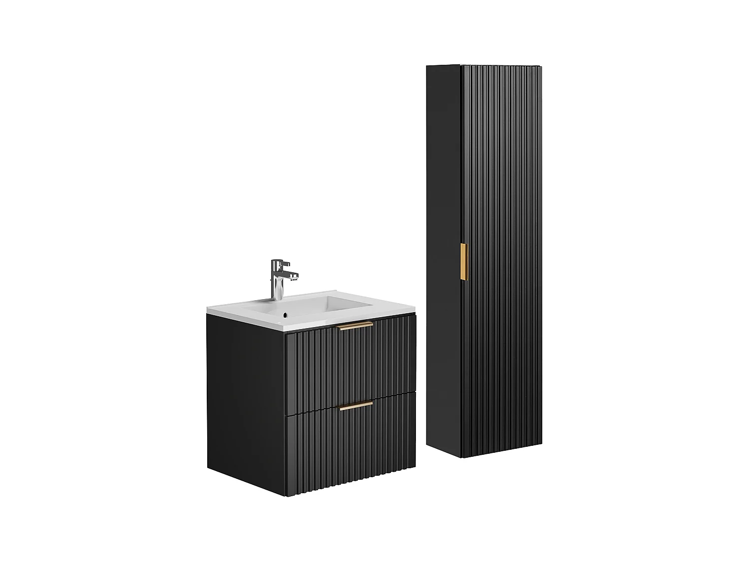 Waschbeckenunterschrank mit Einbauwaschbecken & Badhochschrank - Streifenoptik - Schwarz - 60 cm - ZEVARA