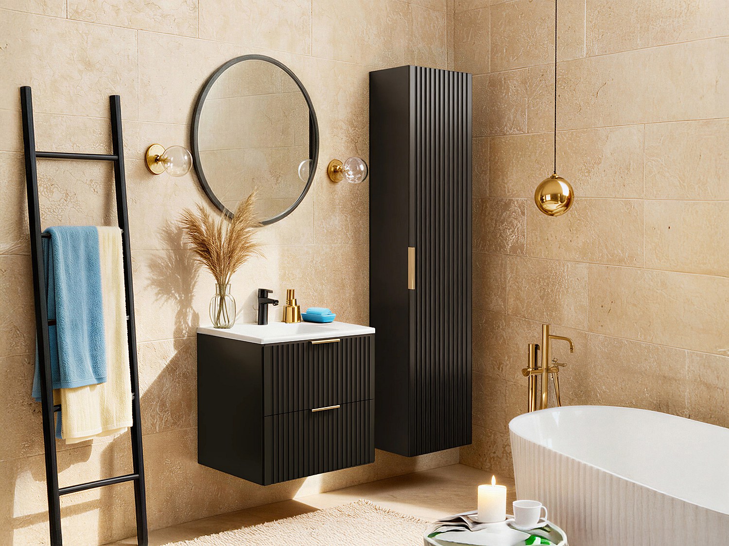 Waschbeckenunterschrank mit Einbauwaschbecken & Badhochschrank - Streifenop günstig online kaufen