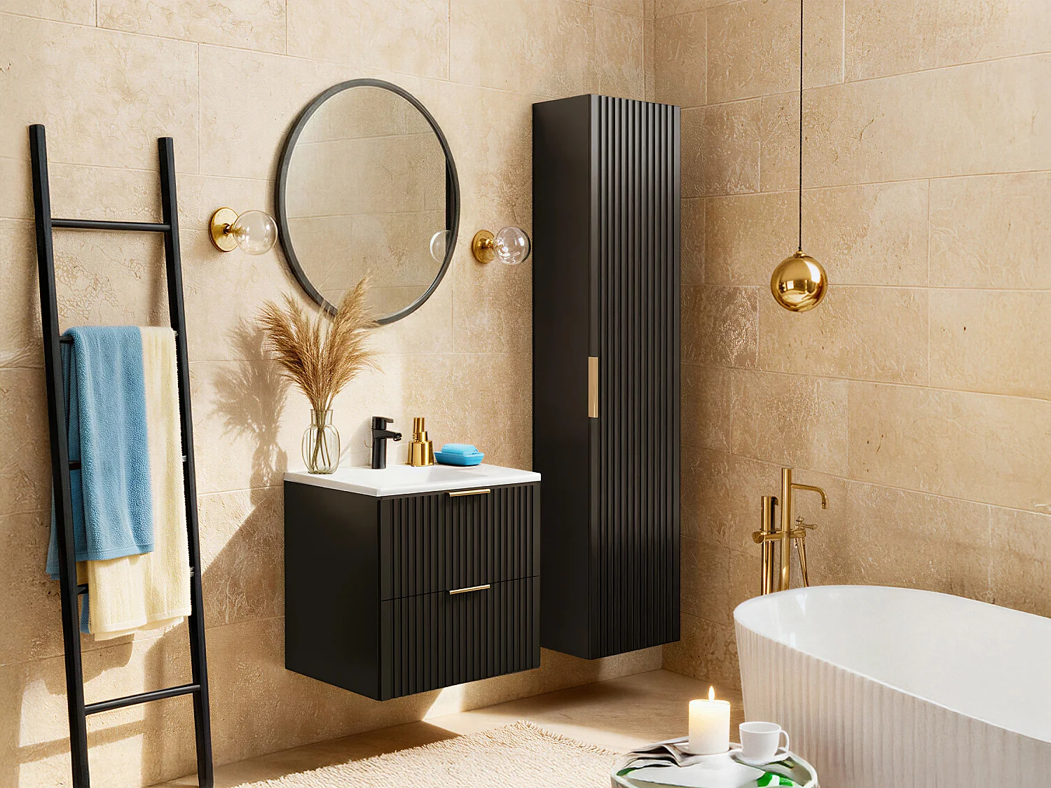 Meuble de salle de bain strié avec vasque à encastrer et colonne - Noir - 60 cm - ZEVARA