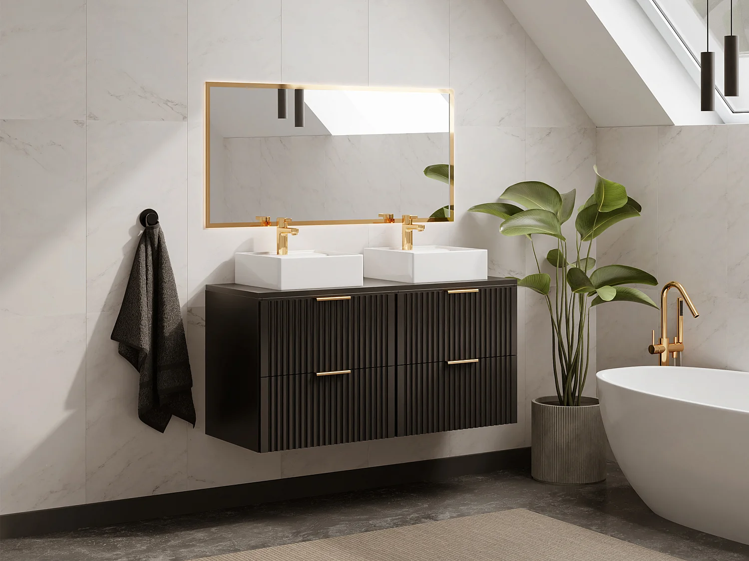 Meuble sous vasque suspendu strié avec planche - Noir - 120 cm - ZEVARA