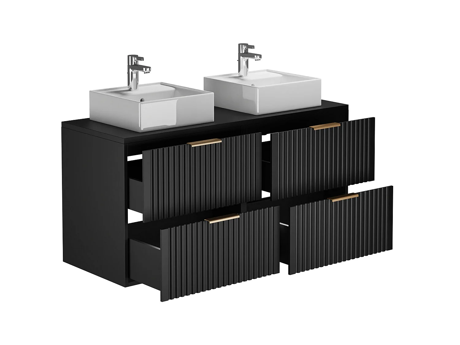 Meuble de salle de bain suspendu strié avec double vasque à poser carrée - Noir - L120 cm - ZEVARA