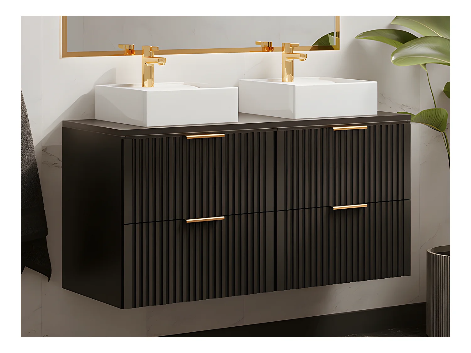 Meuble de salle de bain suspendu strié avec double vasque à poser carrée - Noir - L120 cm - ZEVARA