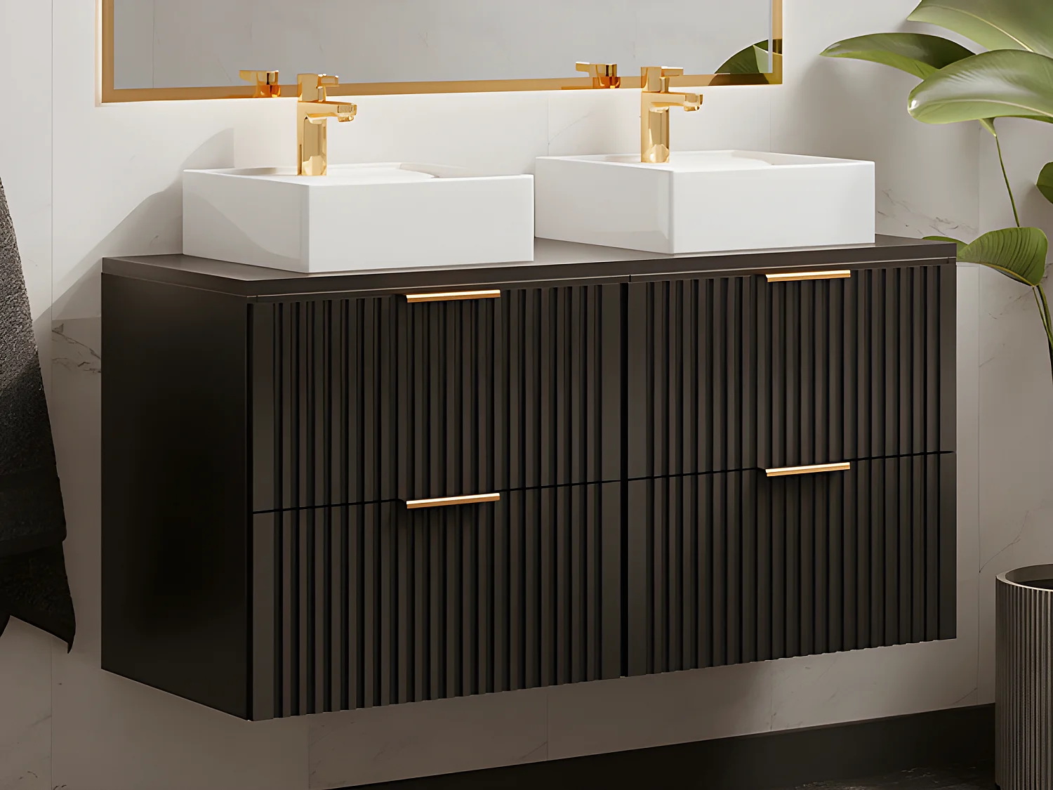 Geribbeld hangmeubel voor badkamer met opzetwastafel - Zwart - L120 cm - ZEVARA