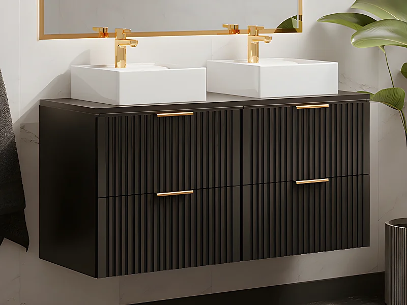 Meuble de salle de bain suspendu strié avec double vasque à poser carrée - Noir - L120 cm - ZEVARA