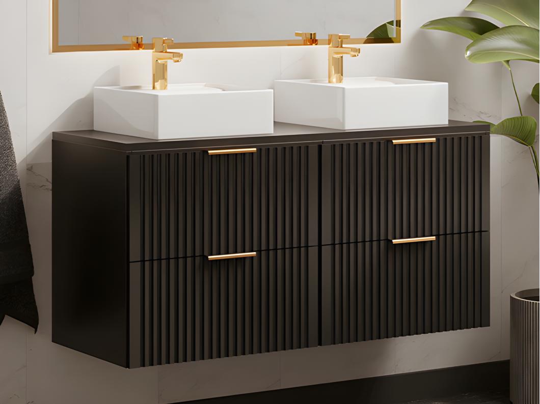 Meuble de salle de bain suspendu strié avec double vasque à poser carrée - Noir - L120 cm - ZEVARA