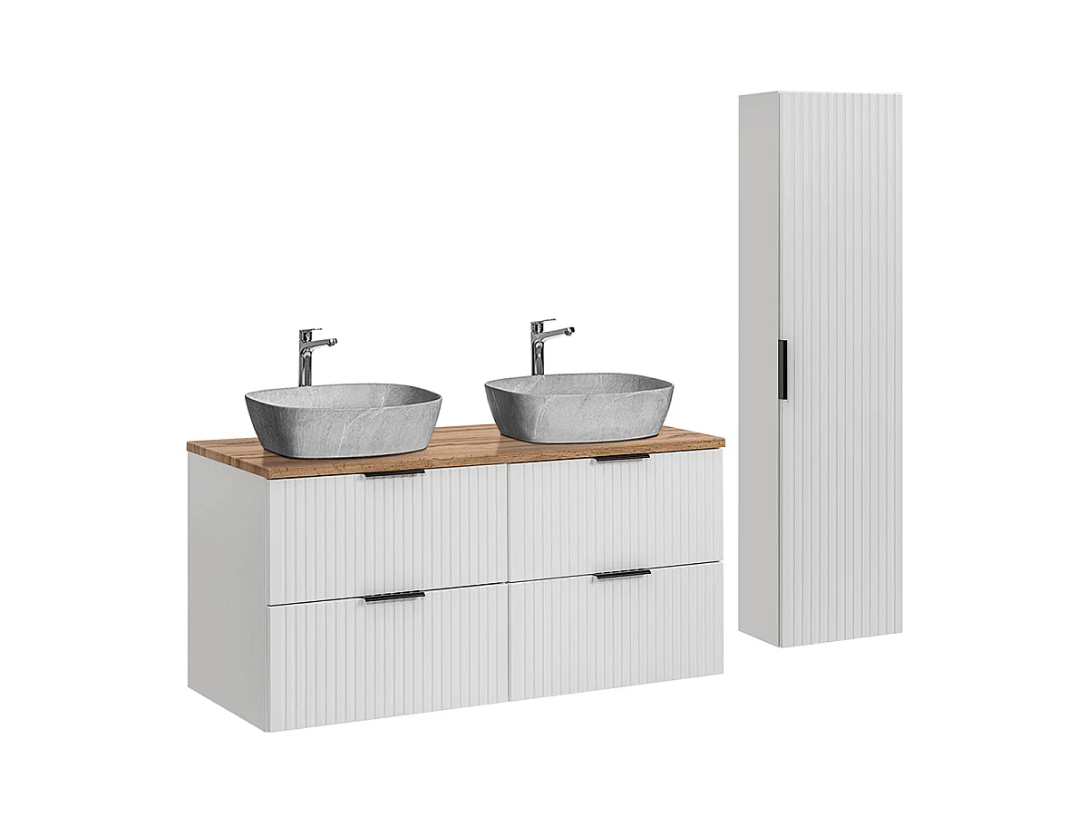 Ensemble meuble double vasque 120cm et colonne Adriel Blanc et effet Pierre