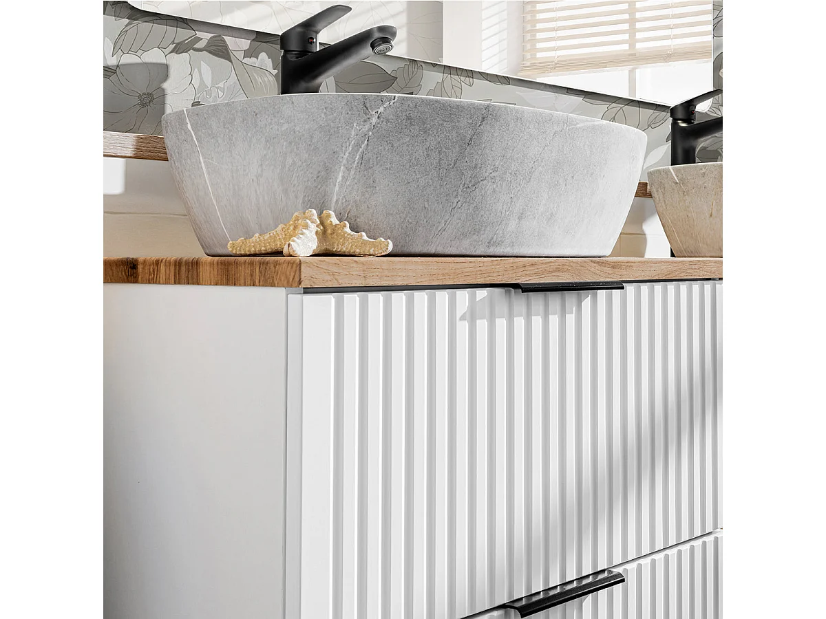 Ensemble meuble double vasque 120cm et colonne Adriel Blanc et effet Pierre