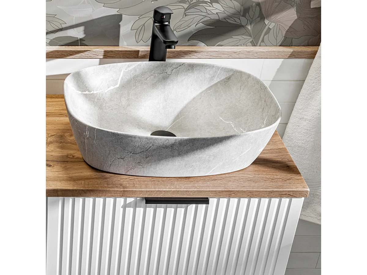 Ensemble meuble double vasque 120cm et colonne Adriel Blanc et effet Pierre