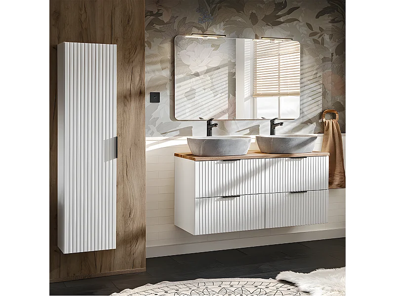 Conjunto mueble doble lavabo 120cm y columna Adriel Blanco y imitación Piedra