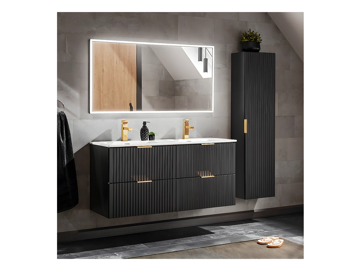 Ensemble meuble double vasque encastrée 120cm et colonne Adriel Noir