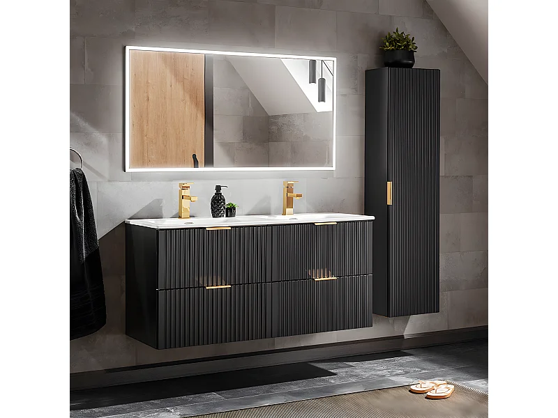 Conjunto mueble doble lavabo encastrado 120cm y columna Adriel Negro