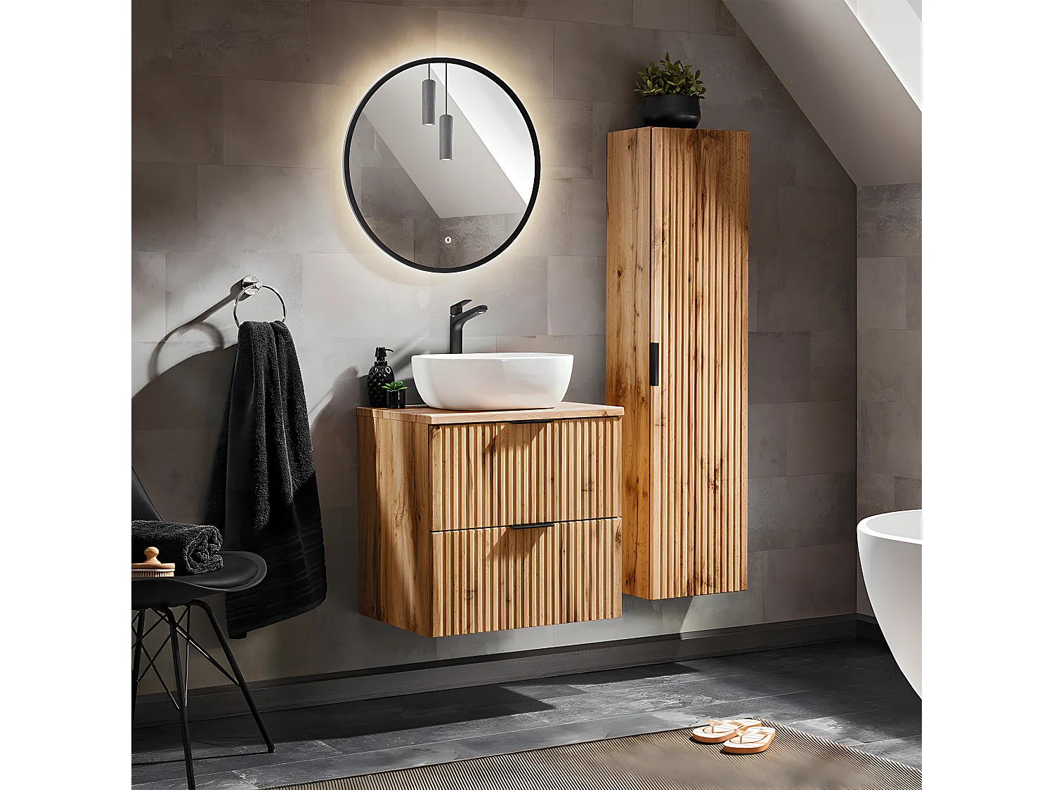 Ensemble meuble simple vasque 60cm et colonne Adriel Bois