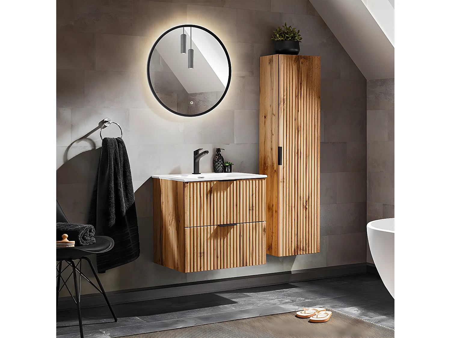 Ensemble meuble simple vasque encastrée 60cm et colonne Adriel Bois