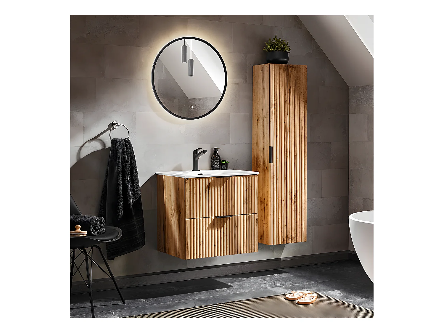 Ensemble meuble simple vasque encastrée 60cm et colonne Adriel Bois