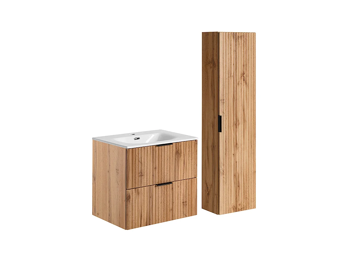 Ensemble meuble simple vasque encastrée 60cm et colonne Adriel Bois