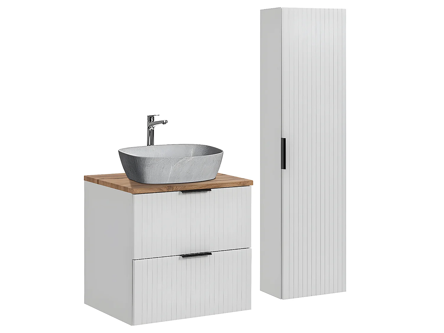 Ensemble meuble simple vasque 60cm et colonne Adriel Blanc et effet Pierre