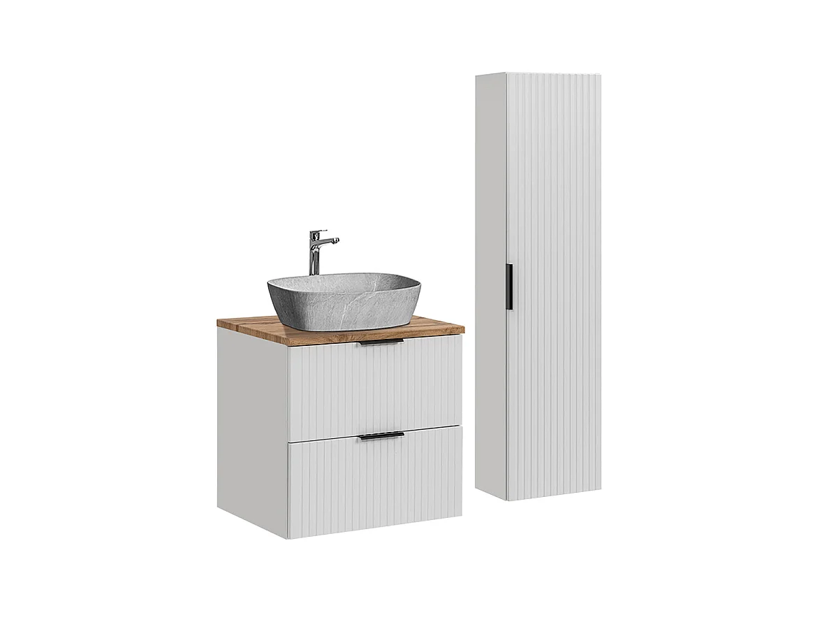 Ensemble meuble simple vasque 60cm et colonne Adriel Blanc et effet Pierre