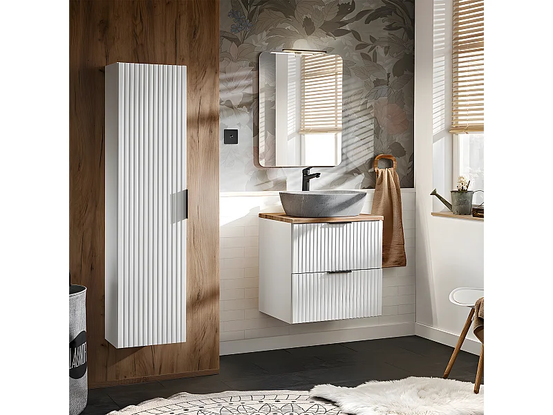 Conjunto mueble lavabo individual 60cm y columna Adriel Blanco y imitación Piedra