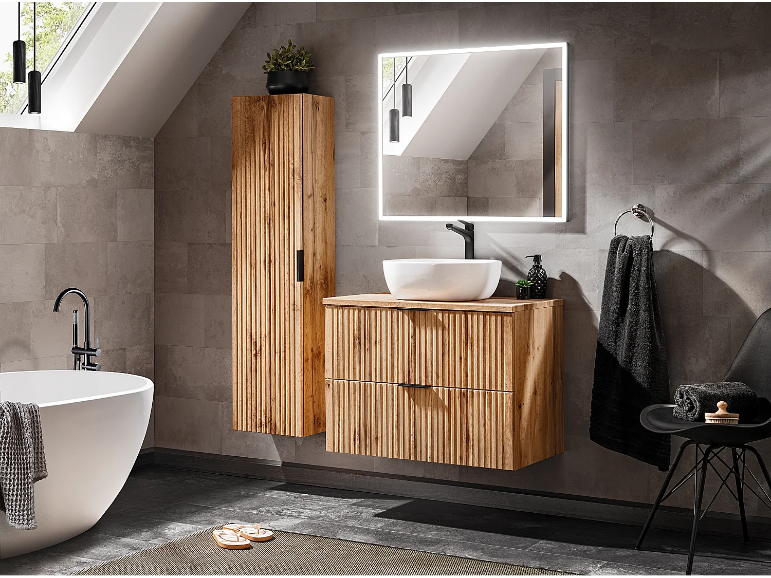 Adel 600mm Wall-Hung Oak-Effect Vanity Unit, Ribbed Fluted Fronts, 2 Drawers