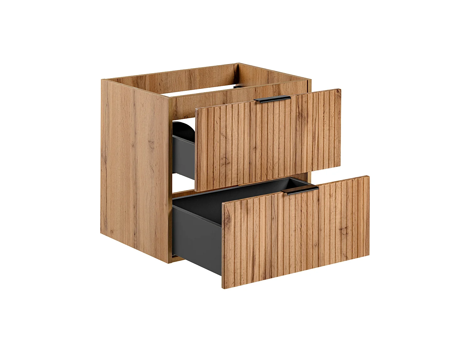 Adel 600mm Wall-Hung Oak-Effect Vanity Unit, Ribbed Fluted Fronts, 2 Drawers