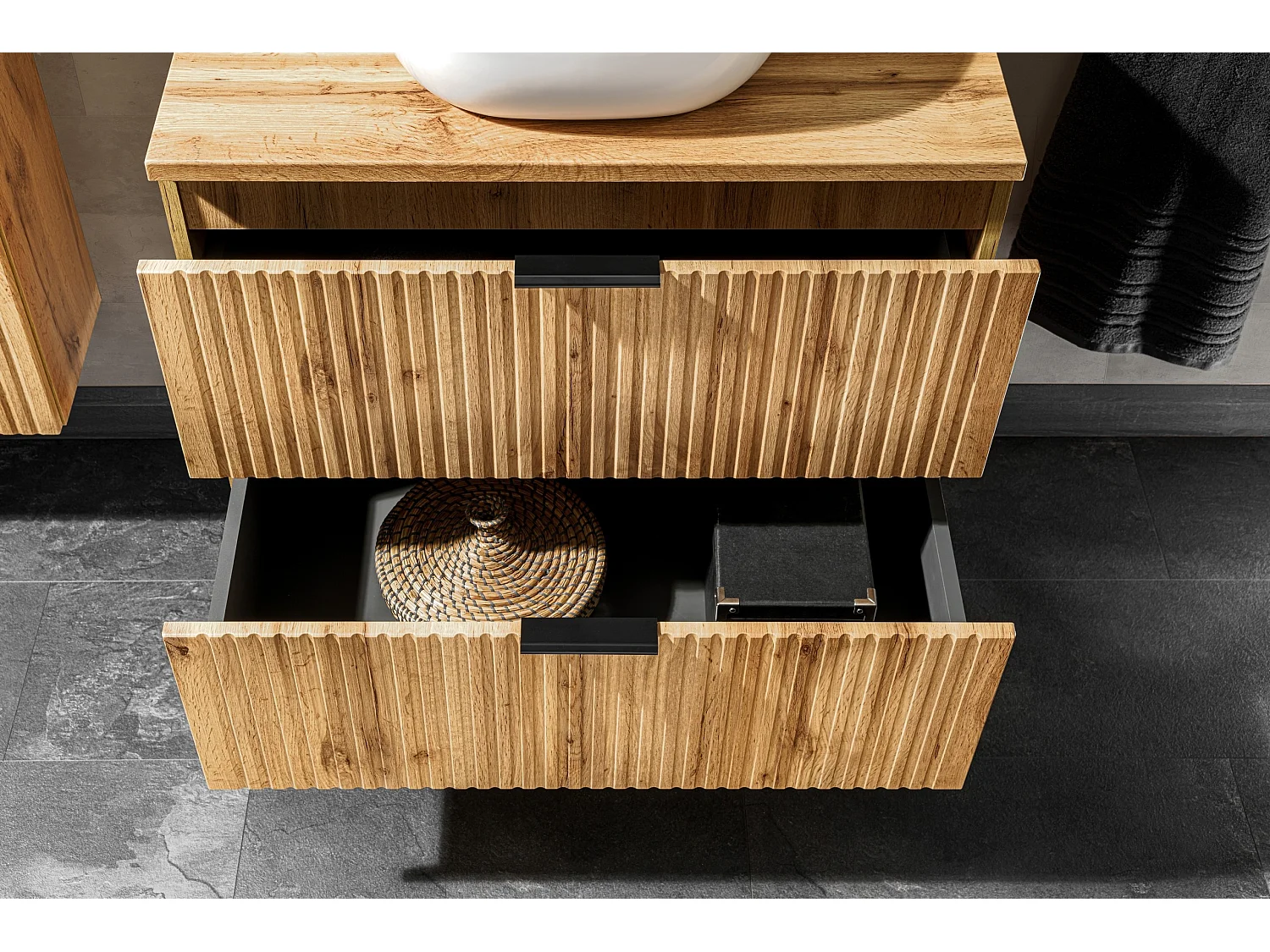 Adel 600mm Wall-Hung Oak-Effect Vanity Unit, Ribbed Fluted Fronts, 2 Drawers