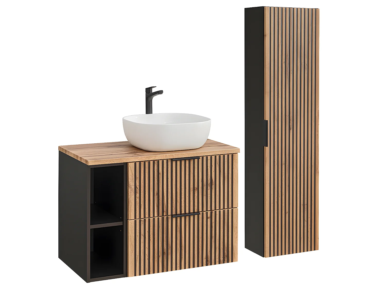 Ensemble meuble simple vasque 80cm 2 niches et colonne Gaia Bois et Noir