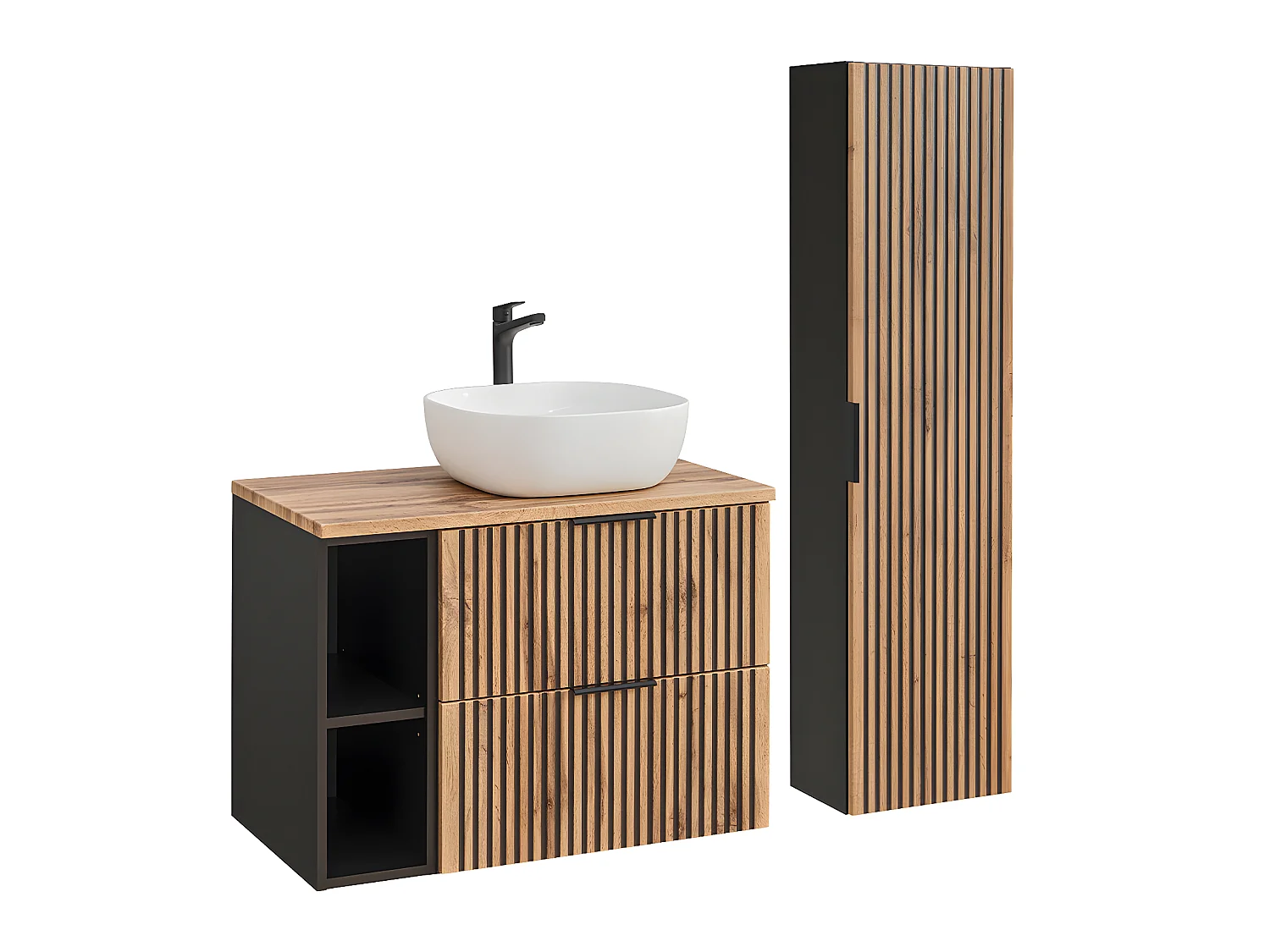 Ensemble meuble simple vasque 80cm 2 niches et colonne Gaia Bois et Noir