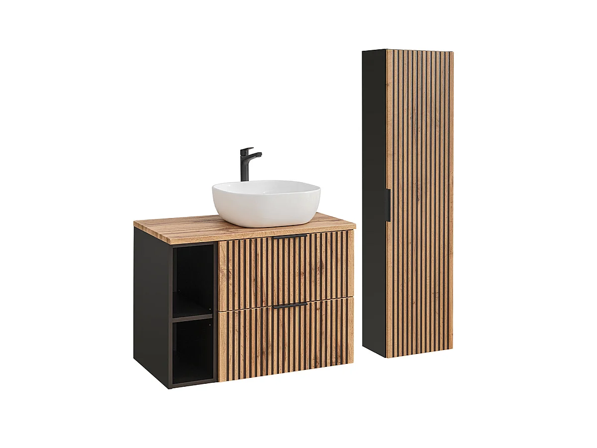 Ensemble meuble simple vasque 80cm 2 niches et colonne Gaia Bois et Noir