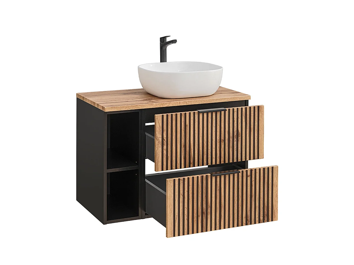 Ensemble meuble simple vasque 80cm 2 niches et colonne Gaia Bois et Noir