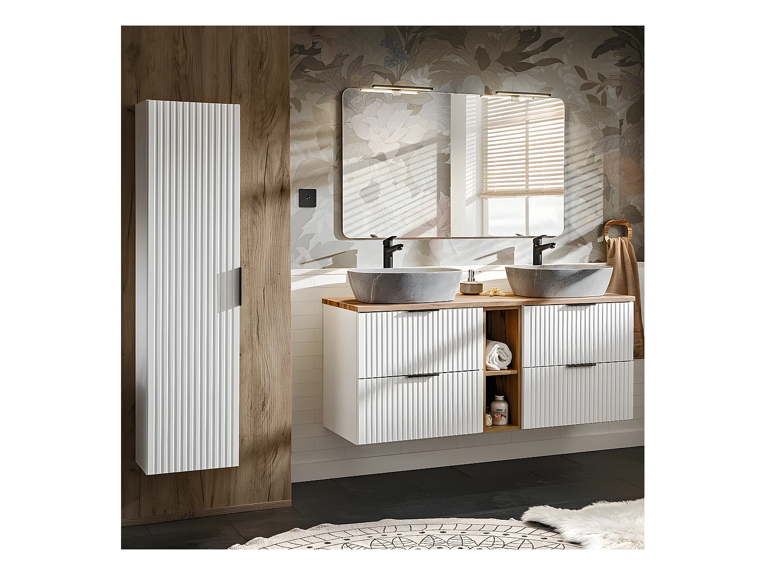 Ensemble meuble double vasque 140cm 2 niches et colonne Adriel Blanc et effet Pierre