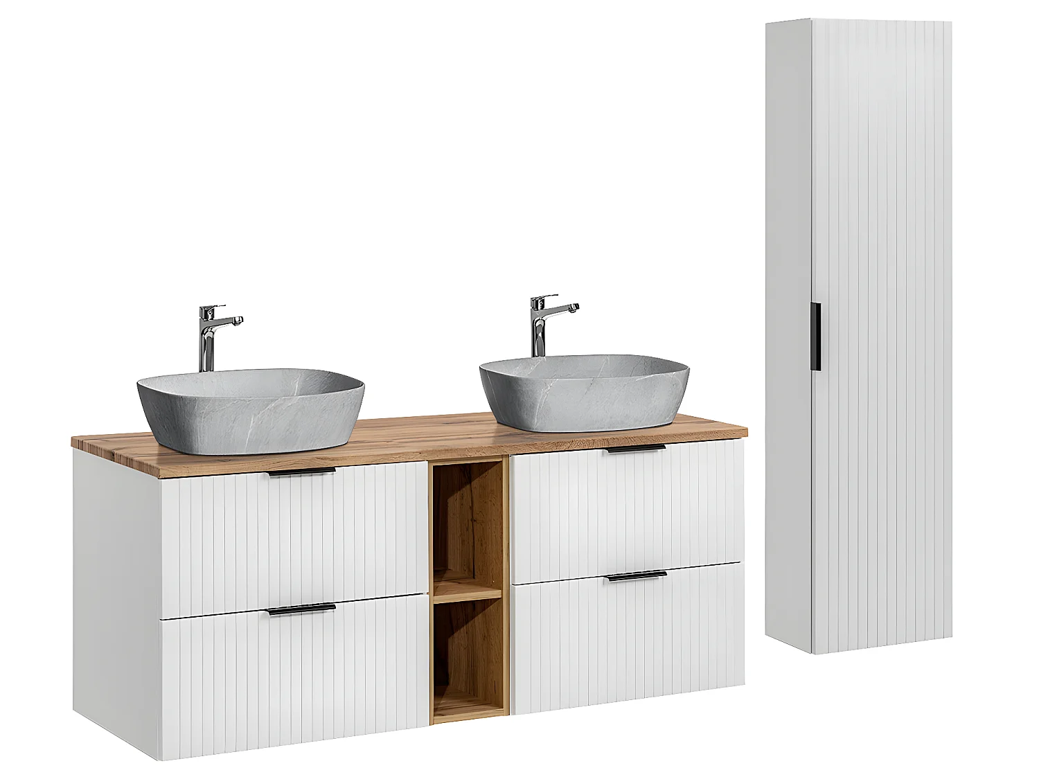 Ensemble meuble double vasque 140cm 2 niches et colonne Adriel Blanc et effet Pierre