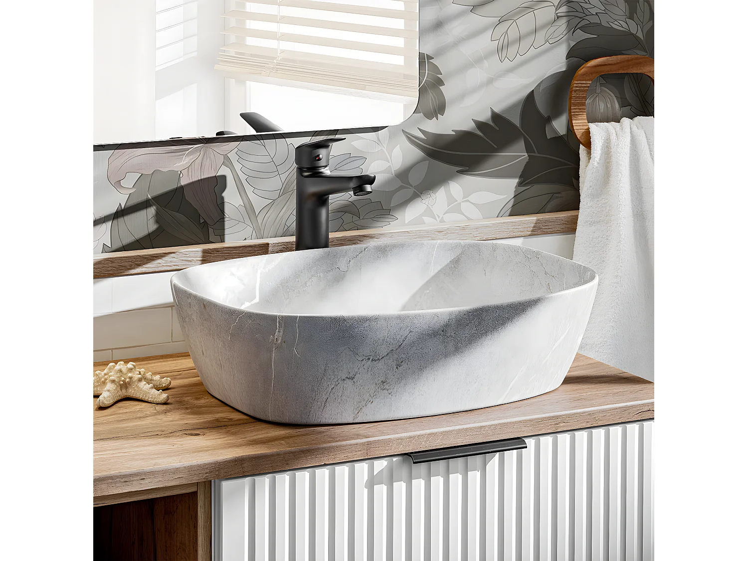 Ensemble meuble double vasque 140cm 2 niches et colonne Adriel Blanc et effet Pierre