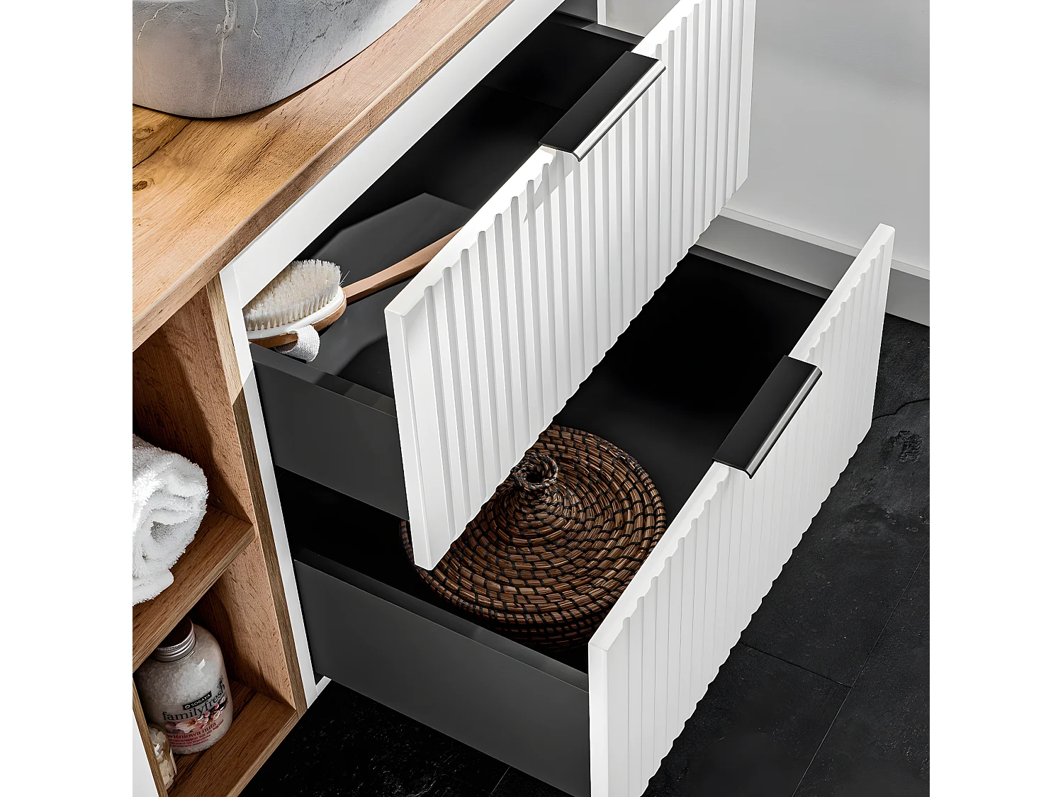 Ensemble meuble double vasque 140cm 2 niches et colonne Adriel Blanc et effet Pierre